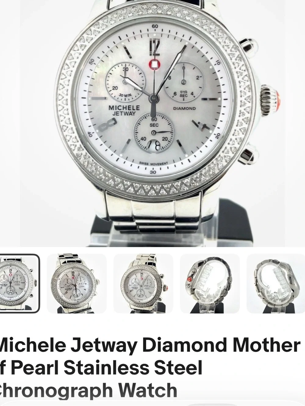 Michele Silver Stainless Steel Engraved Case Back Watch working new battery .